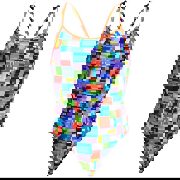 Funkita Chip Set Diamond Back Swimsuit in blue multi with geometric pattern