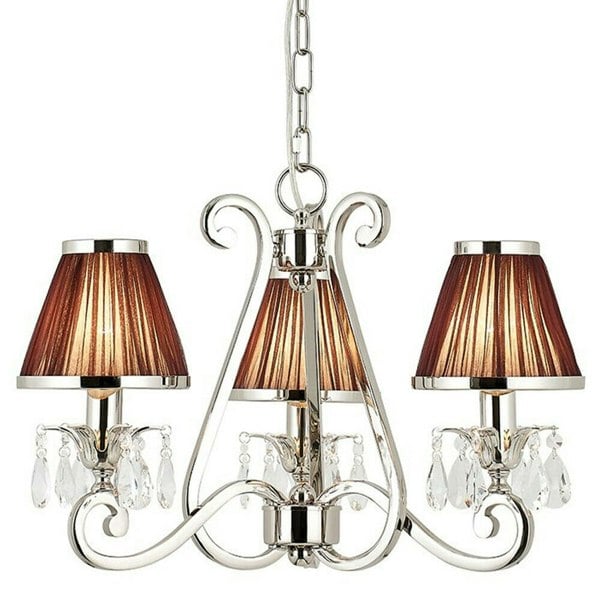 Esher Ceiling Pendant Chandelier Nickel Crystal & Brown Shades 3 Lamp Light Loops