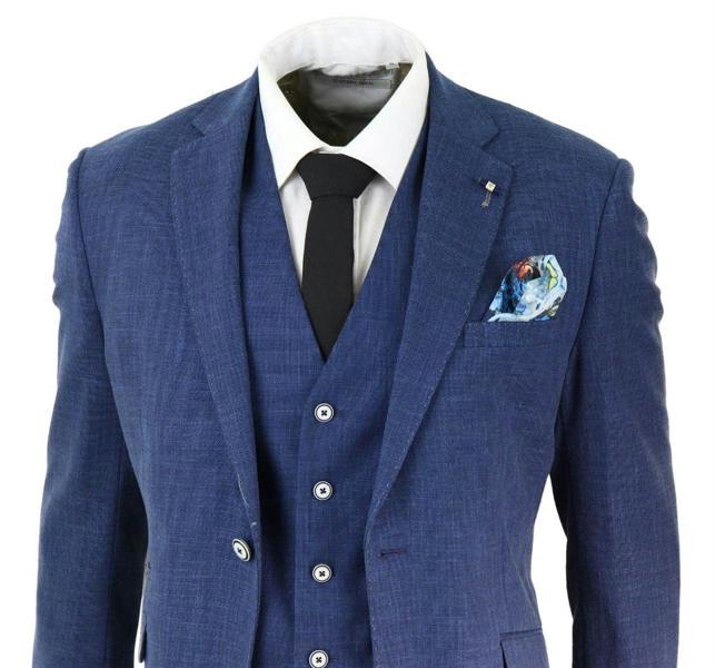 House of Cavani Mens 3 Piece Blue Linen Summer Spring Classic Suit