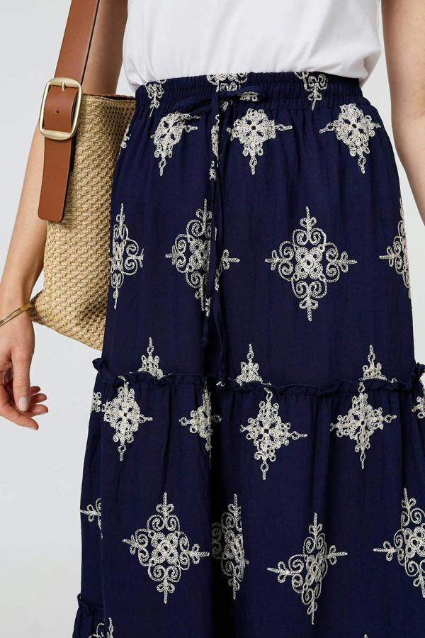 Navy | Printed High Waist Tiered Midi Skirt