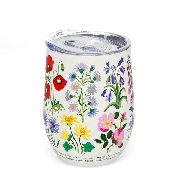 Stainless steel travel cup with a white background featuring colourful 3D embossed illustrations of poppies, cornflowers, and daisies.