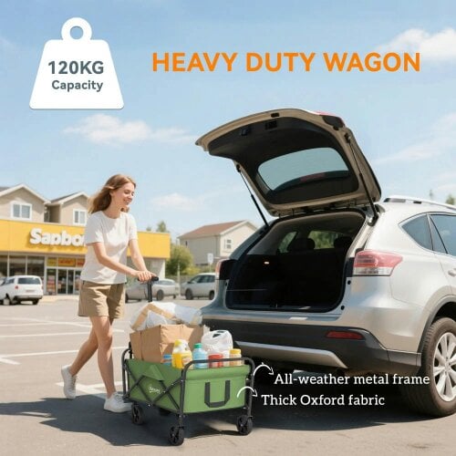 Bobobiy 62L Festival Trolley on Wheels, 120kg Heavy Duty Collapsible Folding Wagon with Adjustable Handle and Carrying Bag for Beach, Green