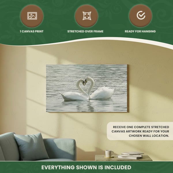 Large Swans Canvas Print, Romantic Water Scene of Two Swans Touching, 100 x 60 cm, Stretched Canvas on Wooden Frame