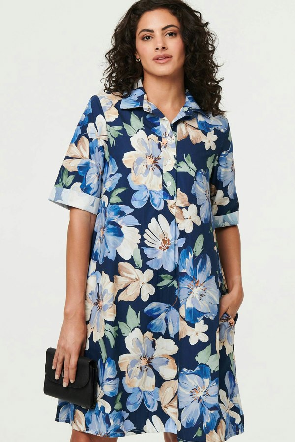 Navy | Floral Oversized Knee Length Shirt Dress
