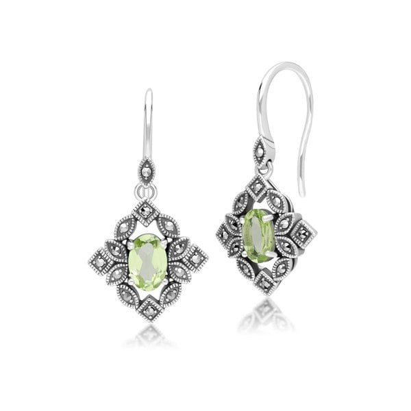 Gemondo Art Deco Style Oval Peridot & Marcasite Drop Earrings in Sterling Silver