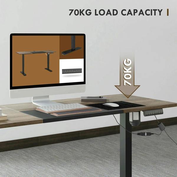 Standing desk with dark legs and 70kg load capacity feature, suitable for everyday work