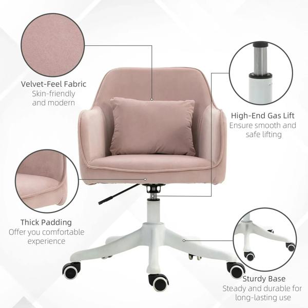 Pink velvet office chair with thick padding, white base, and swivel casters