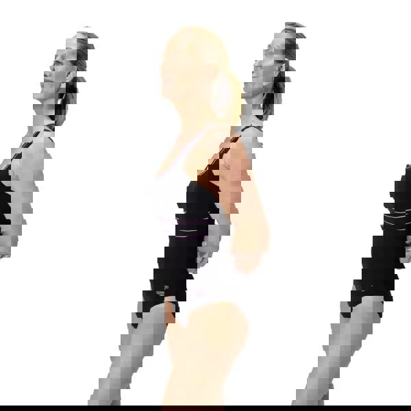 Black Speedo shaping contour eclipse swimsuit with purple trim