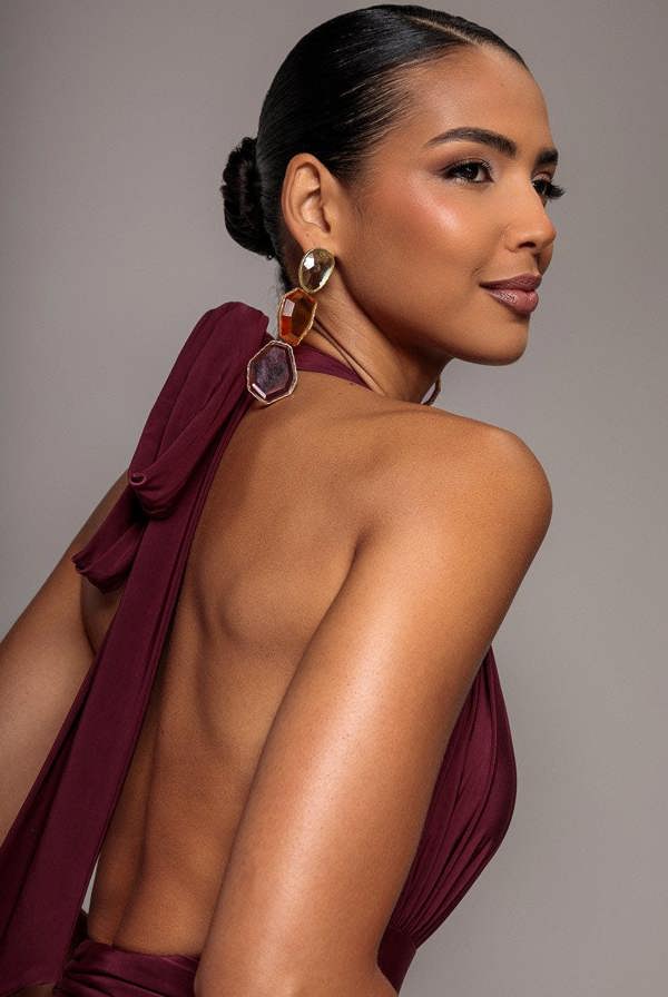 Halter Neck Empire Waist Gathered Maxi Dress - Burgundy DR5259