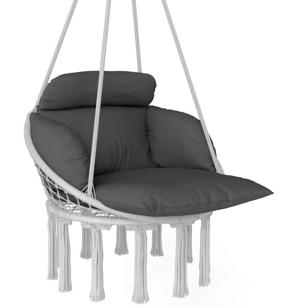 Dark grey hanging hammock chair with cushioned seat and tassel rope base
