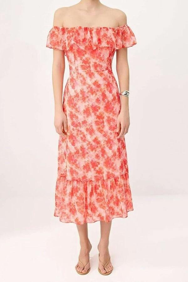 WOVCOR Floral Ruffled Chiffon Flowy Woven Midi Dress