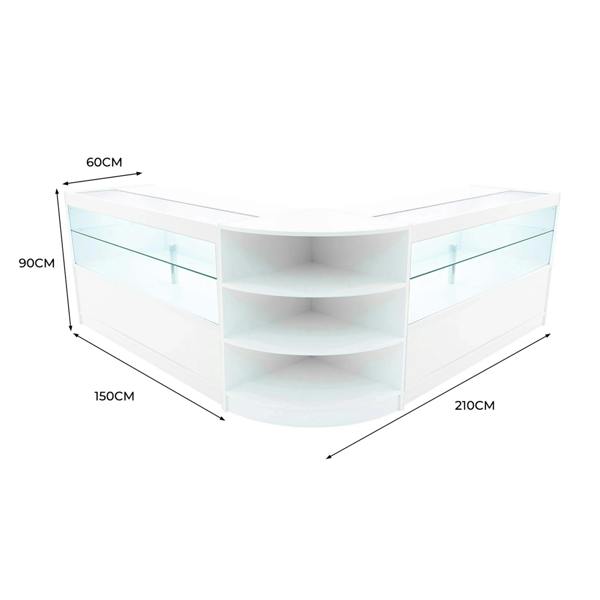Curved white Andromeda LED shop counter set with glass display shelves, measuring 60cm by 150cm, ideal for retail spaces
