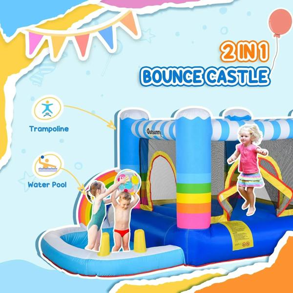 Kids trampoline bounce castle with rainbow arch entrances and blue inflatable walls