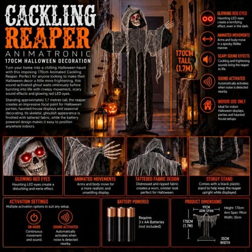 Samuel Alexander 1.7m Animated Cackling Reaper Halloween Decoration with Red LED Eyes