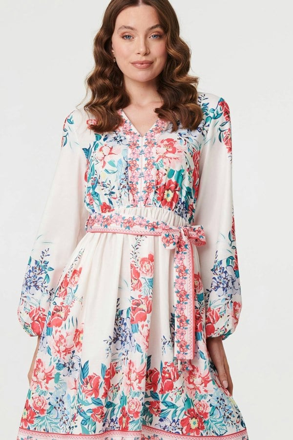 Red | Floral Tie Waist Long Sleeve Short Dress