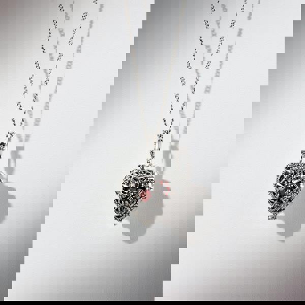 Gemondo Art Nouveau Style Heart Carnelian & Marcasite Locket on Chain in 925 Sterling Silver