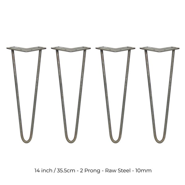 SkiSki 4 x 14" Hairpin Legs - 2 Prong - 10mm - Raw Steel