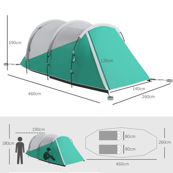 Two-room tunnel tent diagram showing green panels, gray frame, and tent dimensions labels