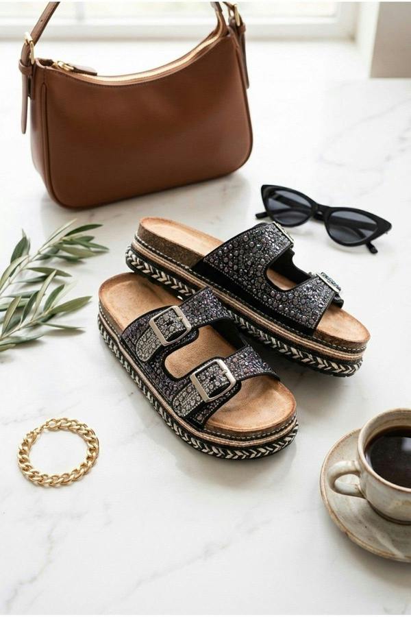 Aria Womens Rhinestone Buckle Platform Sandals - BLACK