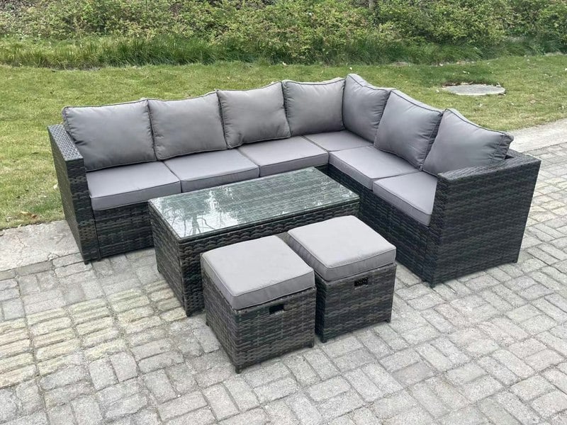 Fimous 8 Seater Rattan Corner Sofa Lounge Sofa Set With Rectangular Coffee Table 2 Stool Dark Grey Mixed Right Hand