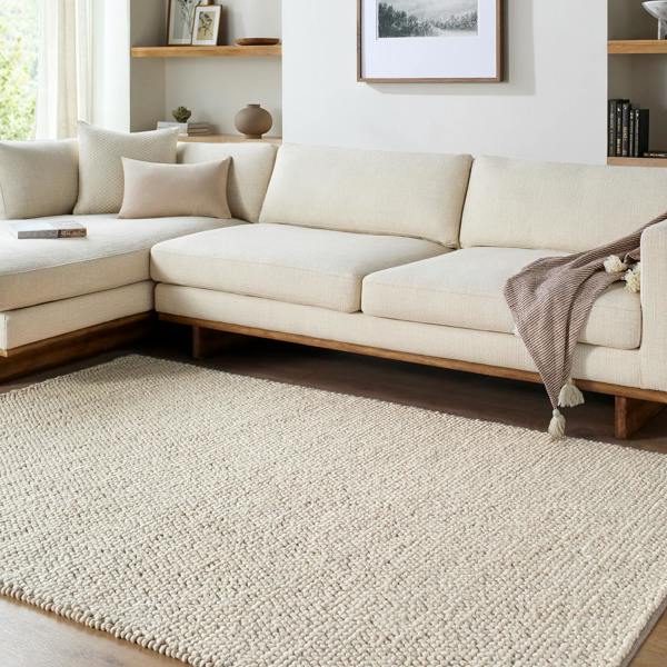 Livabliss Hazar-Hand Woven Ivory Beige Taupe Wool Global Fringe Rug