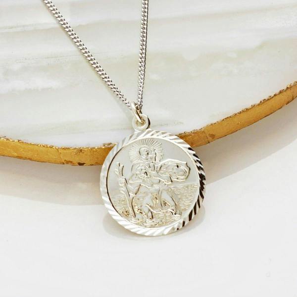 Christopher James of London 9ct White Gold Diamond Cut 19mm St Christopher Pendant With Optional Engraving and Chain
