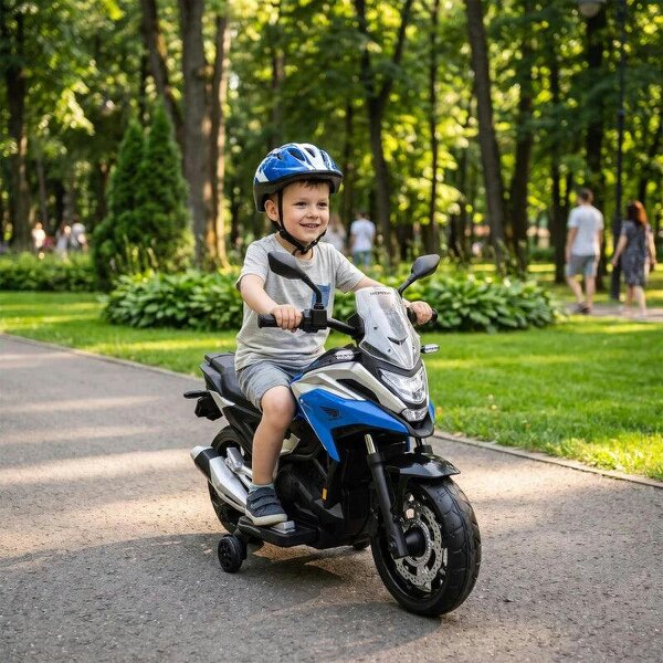 Licensed Honda 12V Kids Electric Motorbike with Training Wheels, Soft Start, Headlights, Music for 3-6 Years, Blue