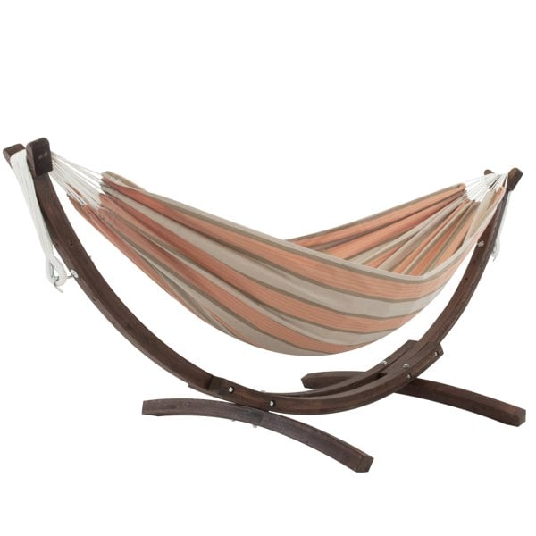 Vivere Double Sunbrella Hammock with Solid Pine Arc Stand - Cameo