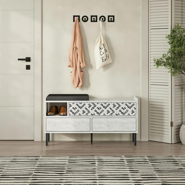 Decortie Heaton Shoe Bench w/ Fabric Cushion Seat 3-door Storage Cabinet 111(W)x37(D)x56.5(H)cm Metal Legs Hallway