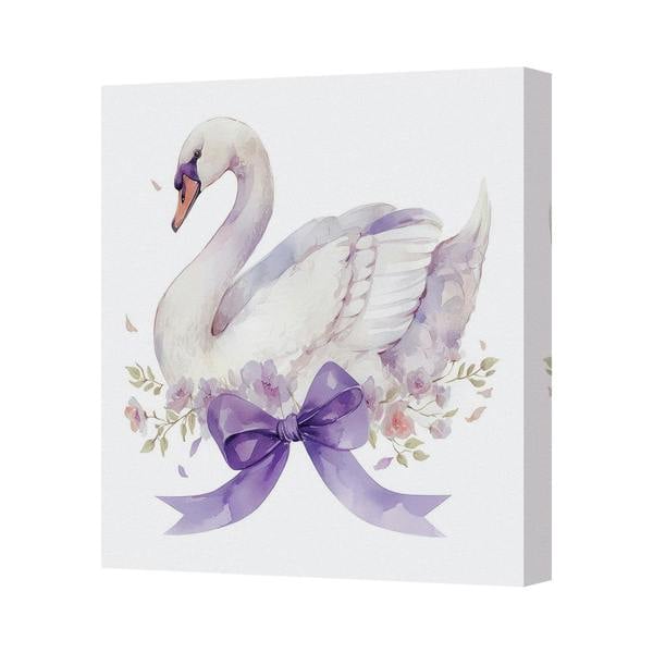 Benjamin Tate Design Elegant Swan Canvas Art Print With Purple Bow And Floral Accent