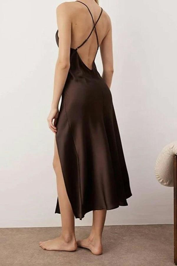 WOVCOR Strappy Satin Nightdress with Slit and Button Detail
