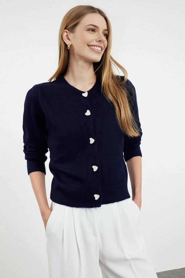WOVCOR Soft-Textured Knit Cardigan with Jewelry Button Detail