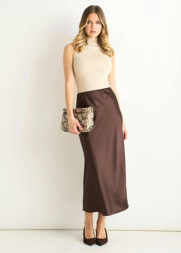 Gini London Chocolate Satin Bias Cut Midi Skirt