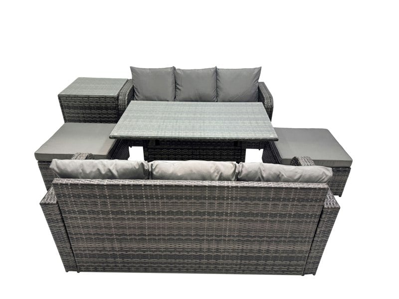 Fimous 8 Seat Outdoor Wicker PE Rattan Garden Furniture Set Dining Table Sofa Set with 2 Big Stool Side Table Dark Grey Mixed