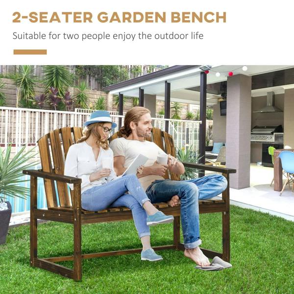 Two-seat wooden garden bench with slatted backrest and seat, carbonised finish
