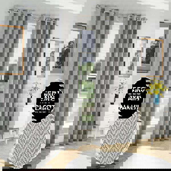 Enhanced Living Grey Herringbone Jacquard Blackout Eyelet Curtains - Bedroom & Living Room