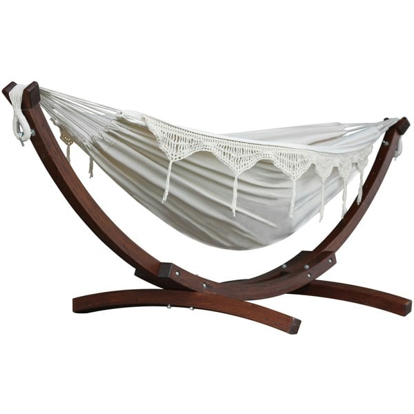 Vivere Double Cotton Hammock with Solid Pine Stand (260cm) - Natural with Fringe
