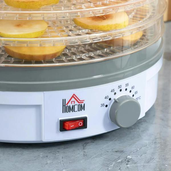 Food dehydrator control panel with temperature dial and red power switch on white base