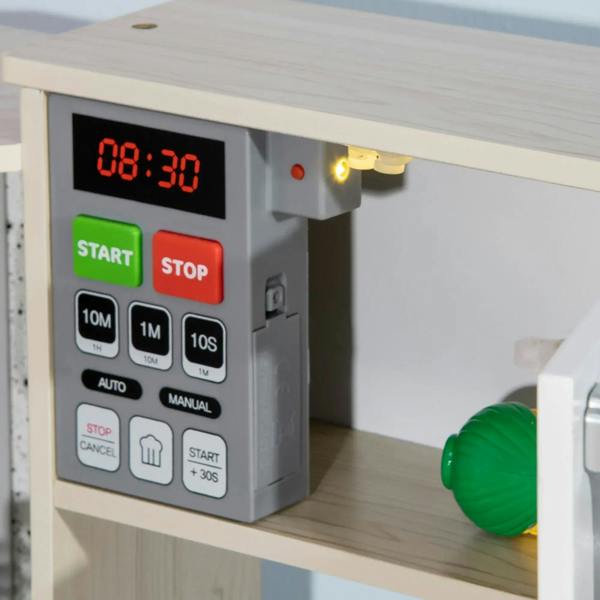 Kids play kitchen timer panel with red digital display and start/stop buttons