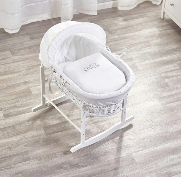 Kinder Valley Sleepy Little Owl White Wicker Moses Basket with Rocking Stand White