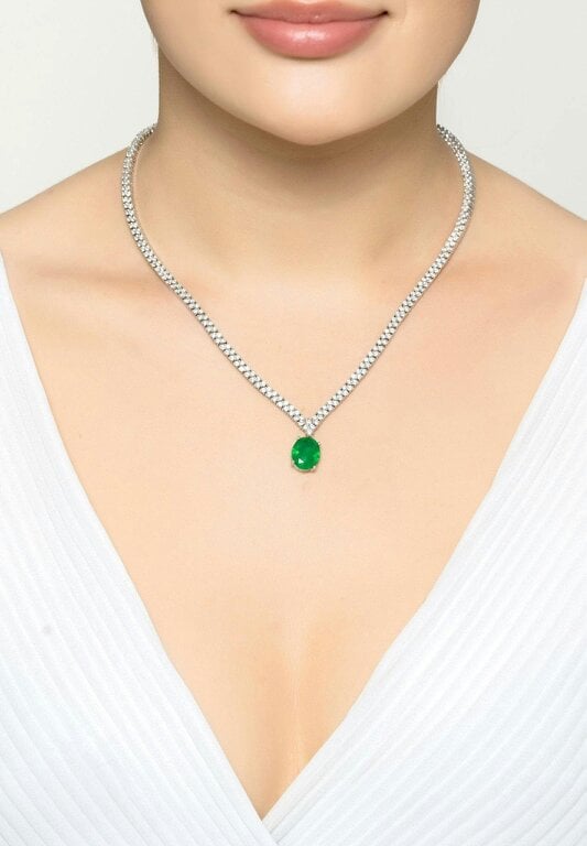 Latelita Garbo Oval Gemstone Tennis Necklace Emerald Silver