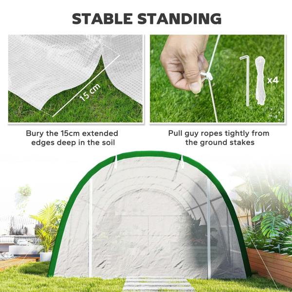 White greenhouse tunnel with green frame base, corner stakes, and buried edge flap