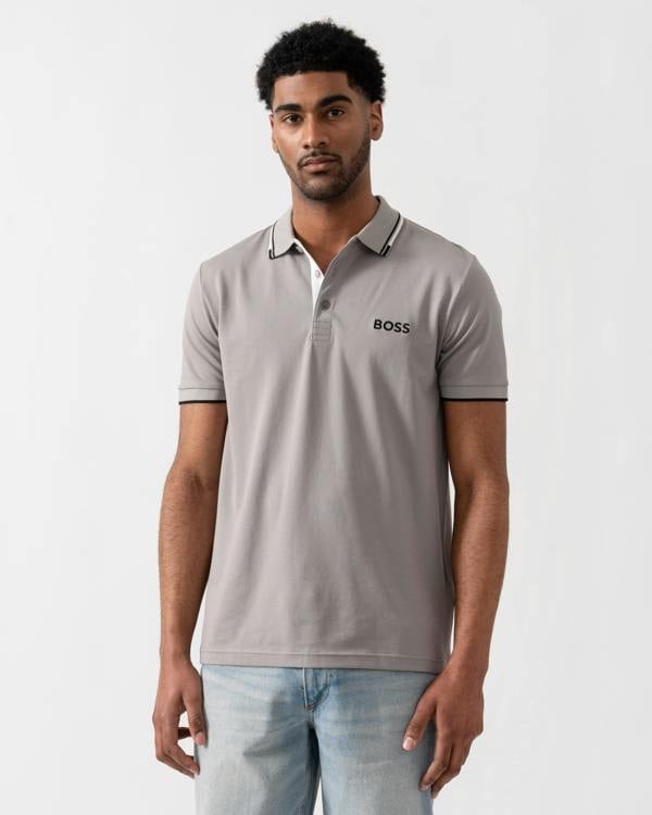 BOSS Green Paddy Pro Mens Cotton Blend Polo Shirt With Contrast Logos - Silver 042