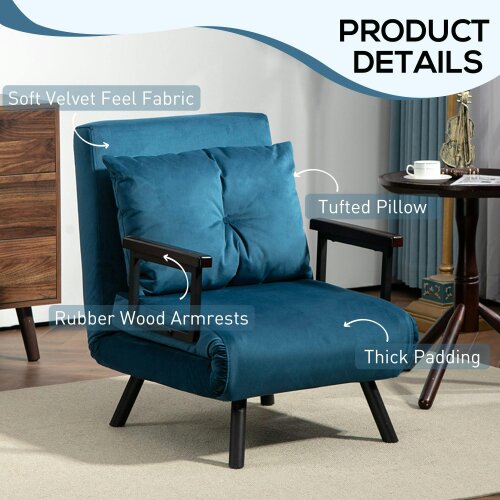 Wyld Haus Mofa Nare Velvet Navy Blue 4 In One Convertible Single Chair Bed With Pillow