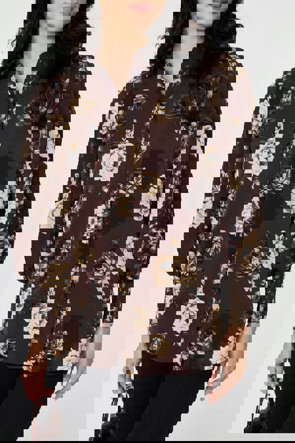 Brown | Floral Balloon Sleeve Semi Sheer Shirt
