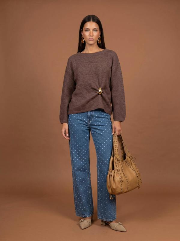 Urban Bliss Wool Blend Gold Trim Jumper Brown