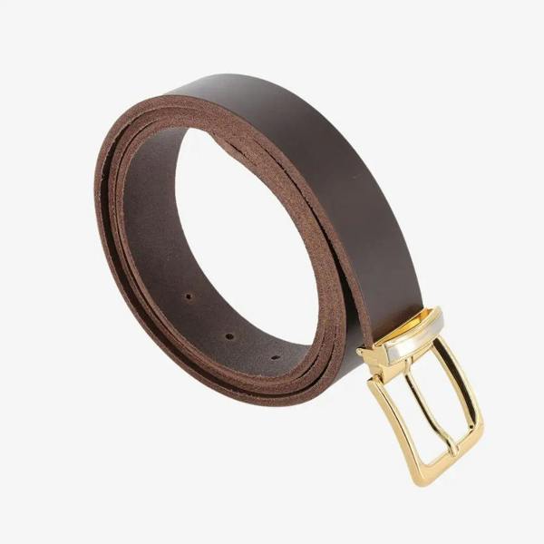 Brown leather belt with a gold buckle on a white background