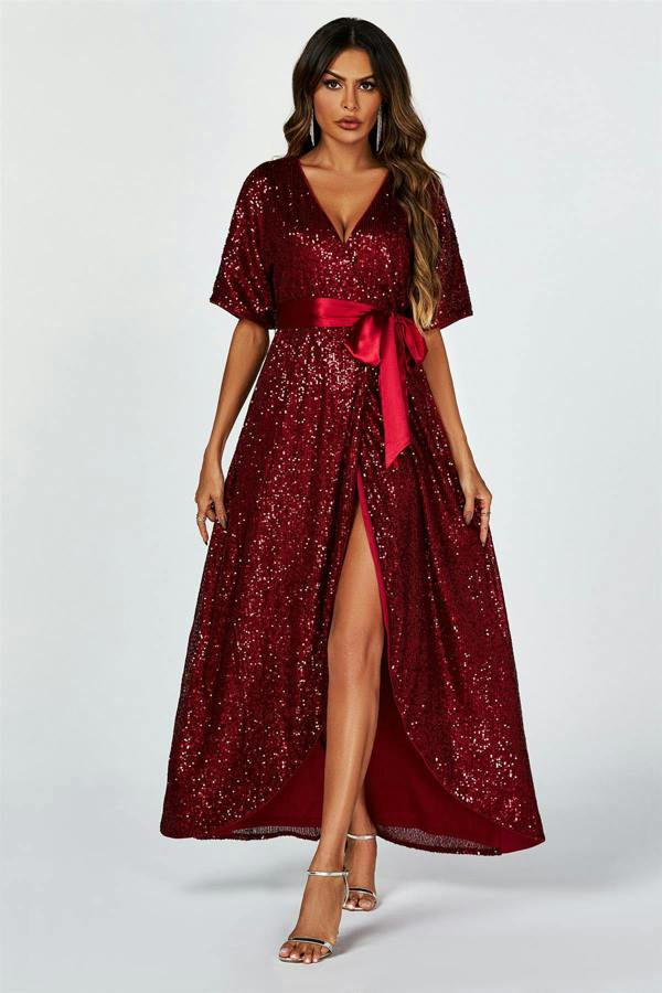 FS Collection Wrap Style Sequin Maxi Dress In Wine