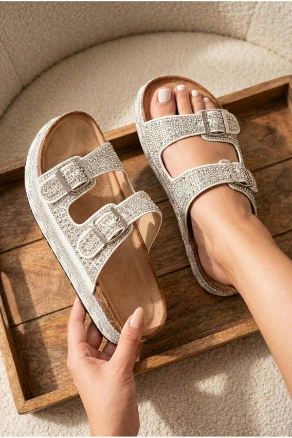 Aria Womens Rhinestone Buckle Platform Sandals - WHITE