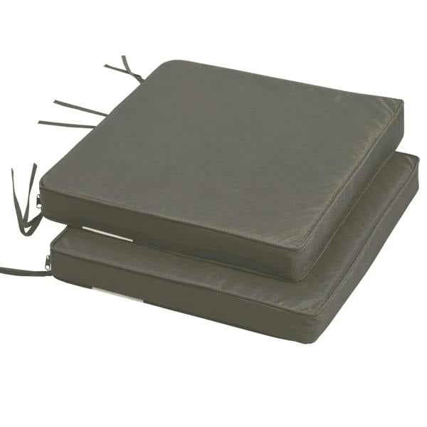Stacked pair of dark grey square chair cushions with attached fabric tie strings